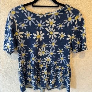 Tyler Boe Peplum Elbow Sleeve Blue Yellow Daisy Top Stretch Shirt